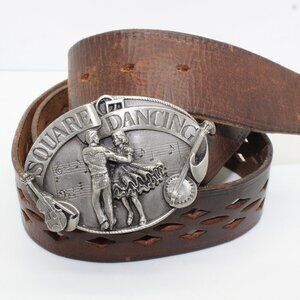 Vintage Unisex Brown Leather Cutout Belt 37.5-41.5 With Square Dancing Buckle